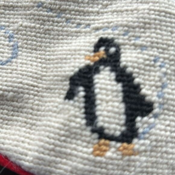 Land's End Needlepoint Christmas stocking red velvet back wool Embroidery Thomas - Picture 3 of 7